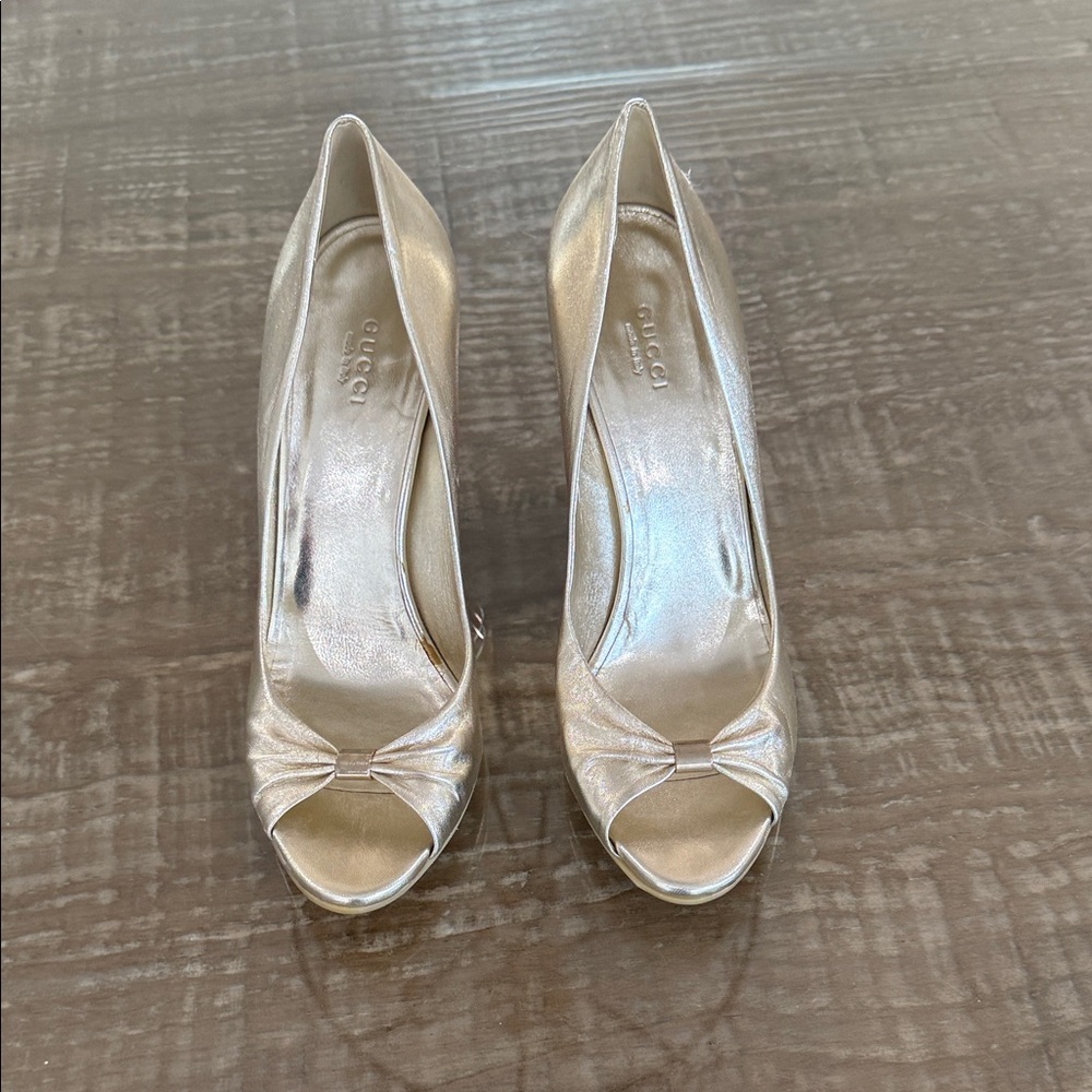 Gucci Women's Shimmering Cream Peep Toe Heels